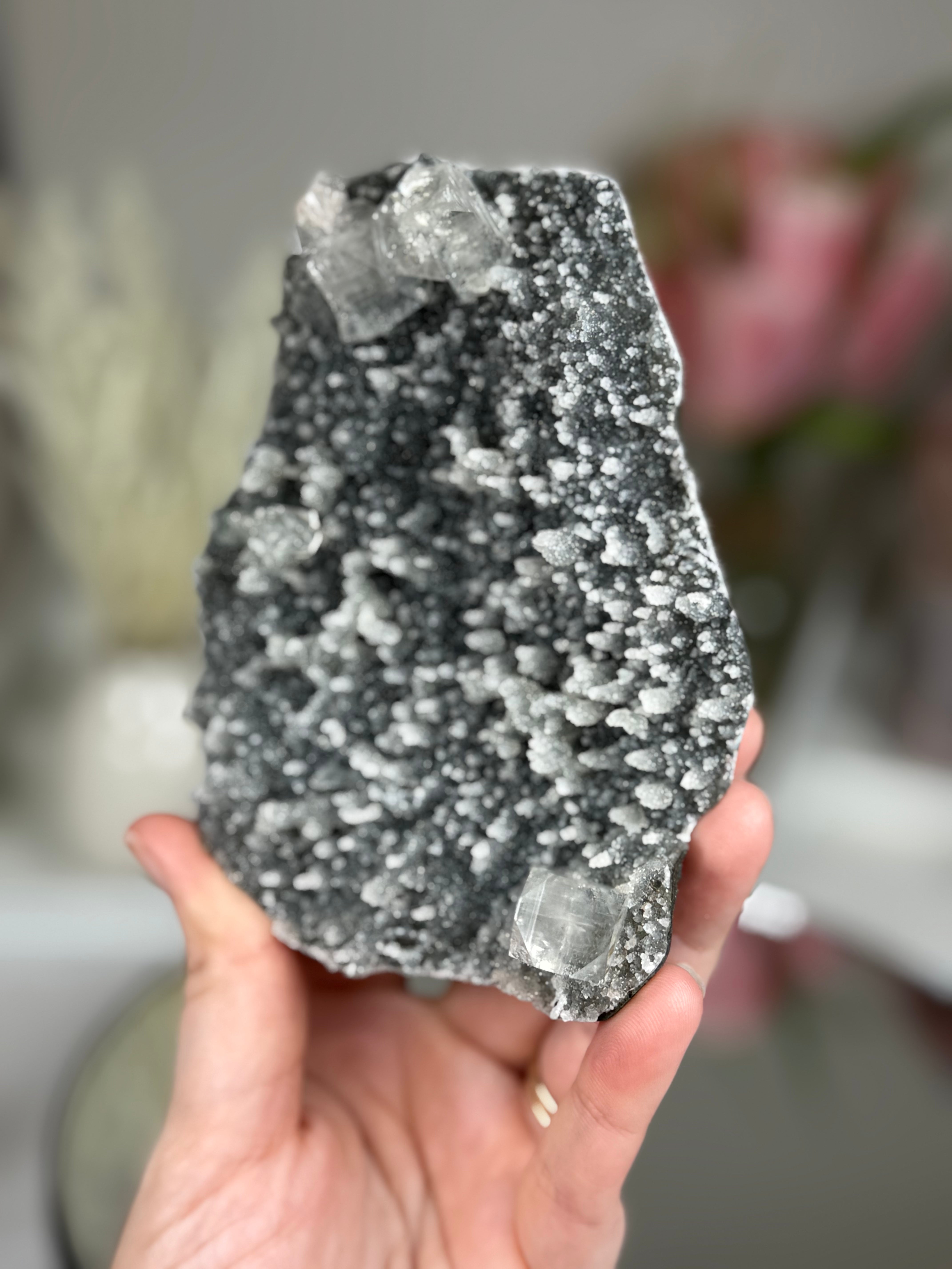 Diamond Apophyllite on Charcoal Chalcedony