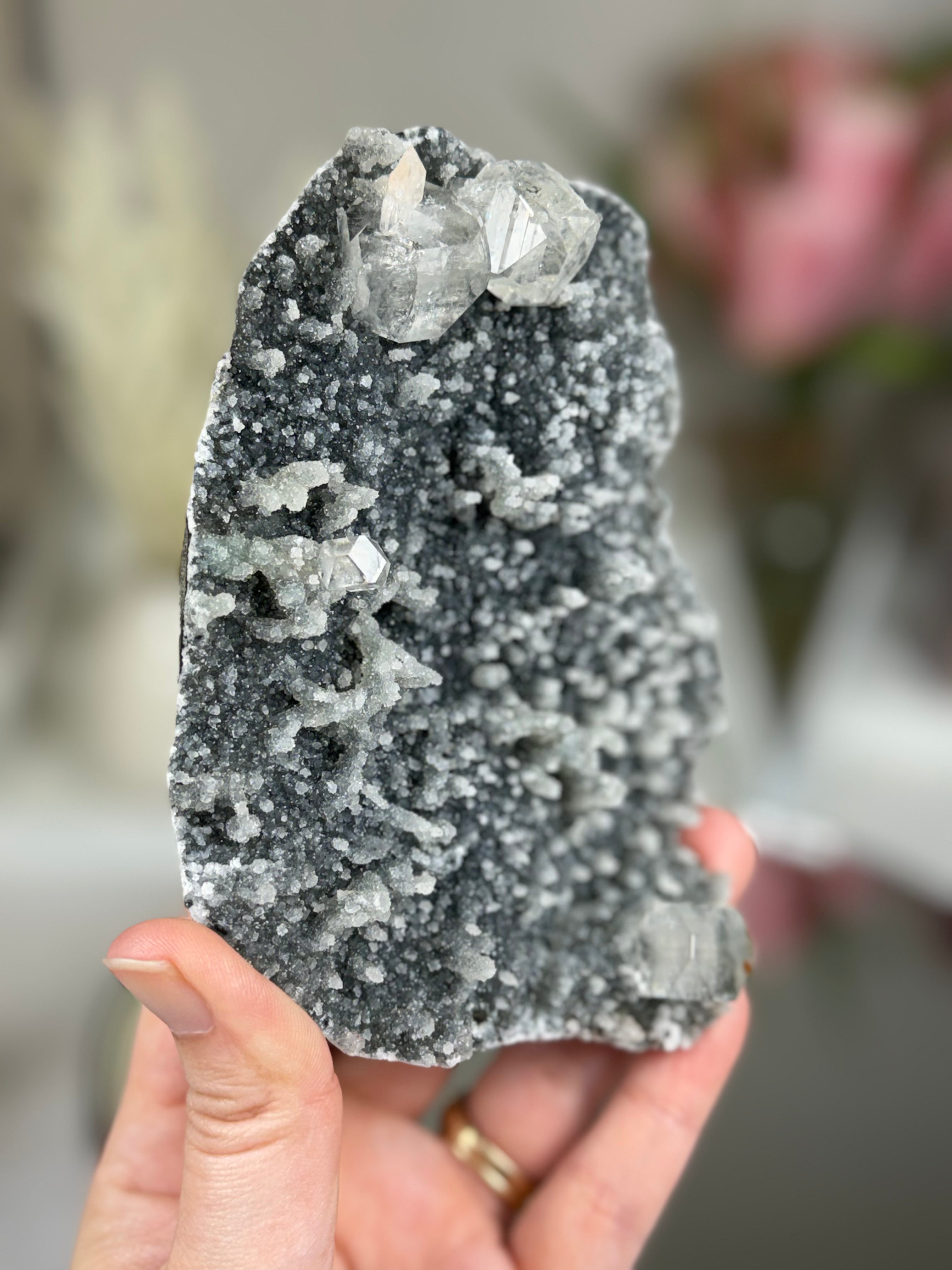 Diamond Apophyllite on Charcoal Chalcedony