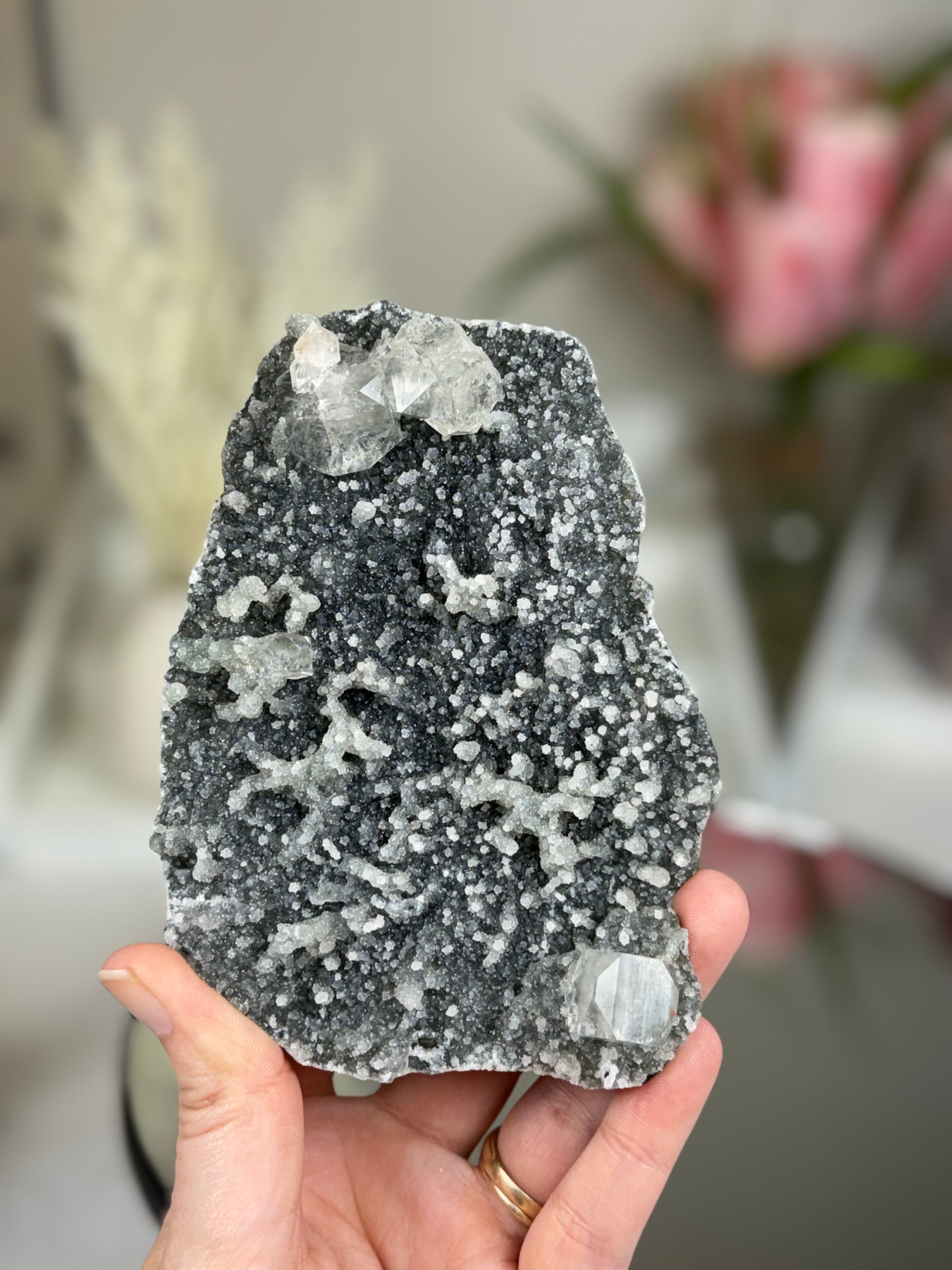 Diamond Apophyllite on Charcoal Chalcedony