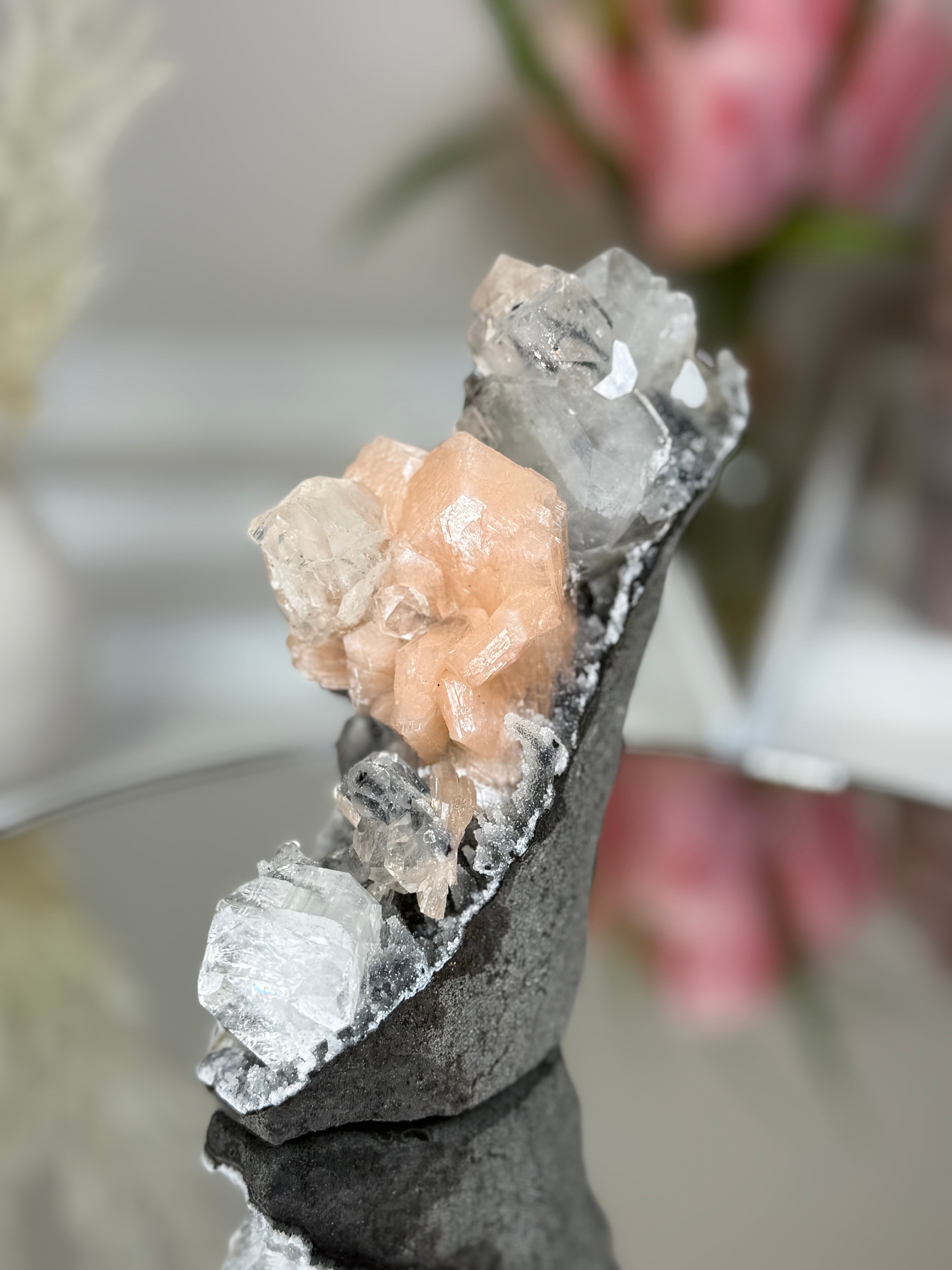 Diamond Apophyllite on Charcoal Chalcedony with Stilbite