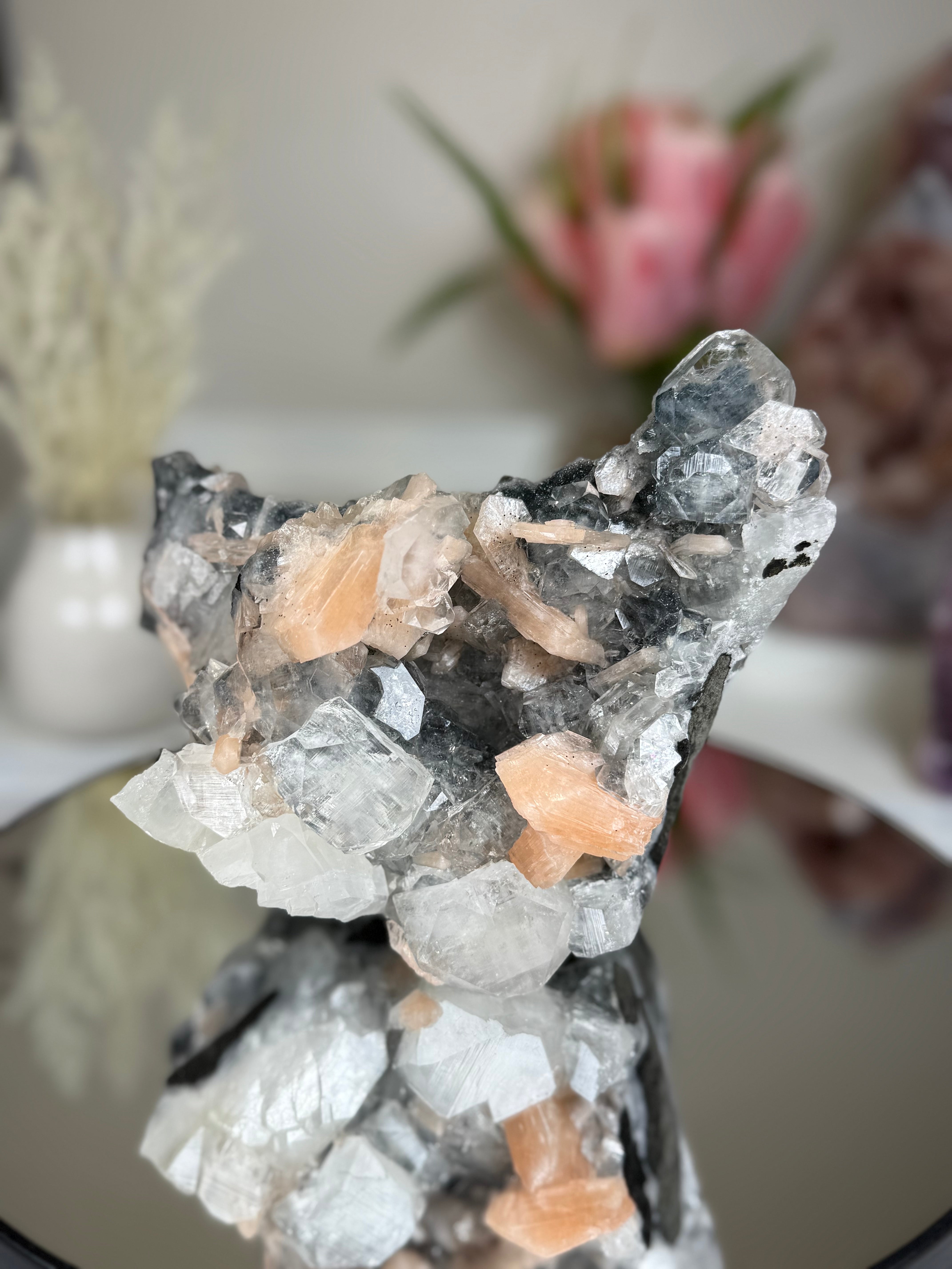 Diamond Apophyllite on Charcoal Chalcedony with Stilbite