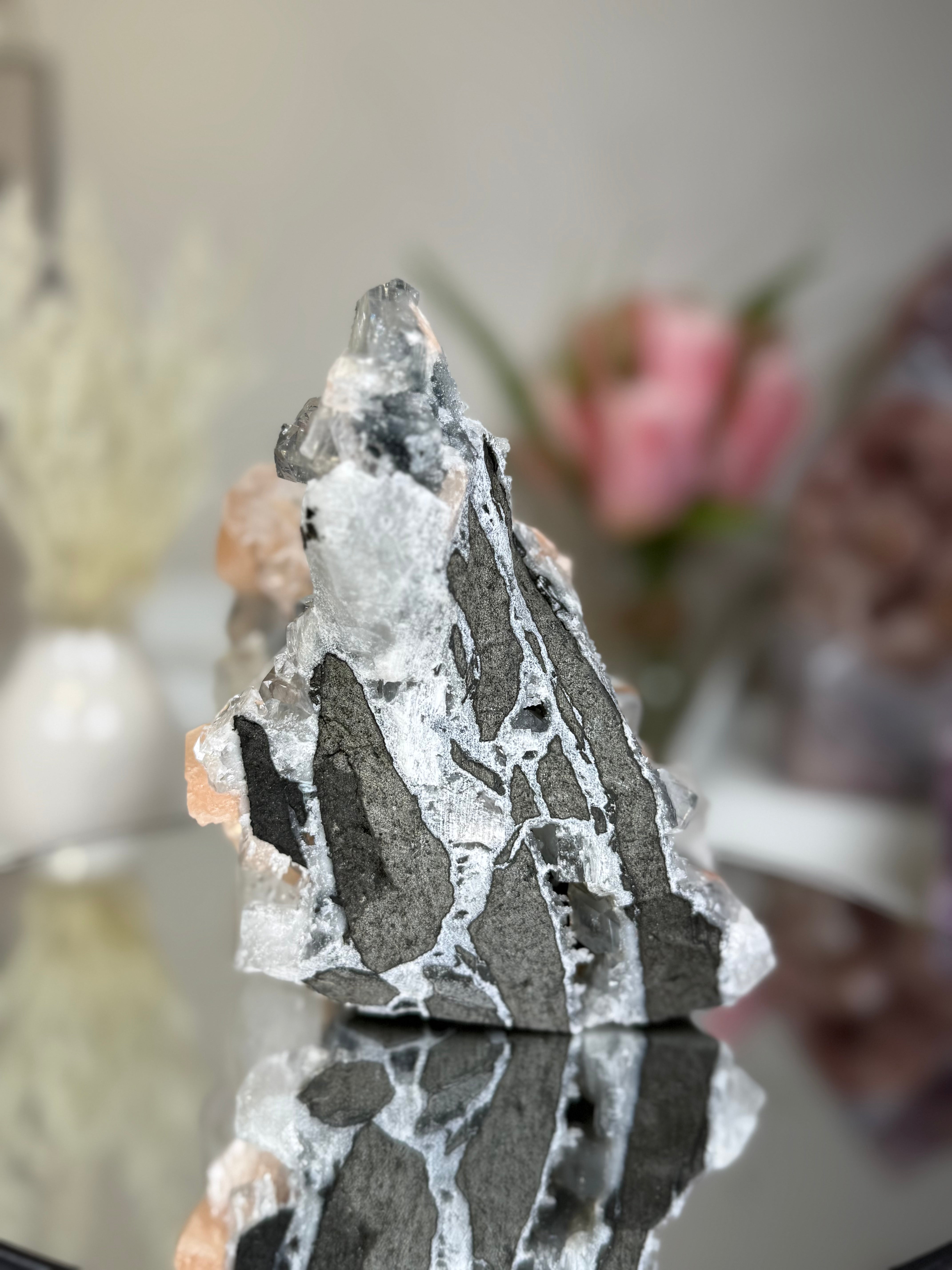 Diamond Apophyllite on Charcoal Chalcedony with Stilbite