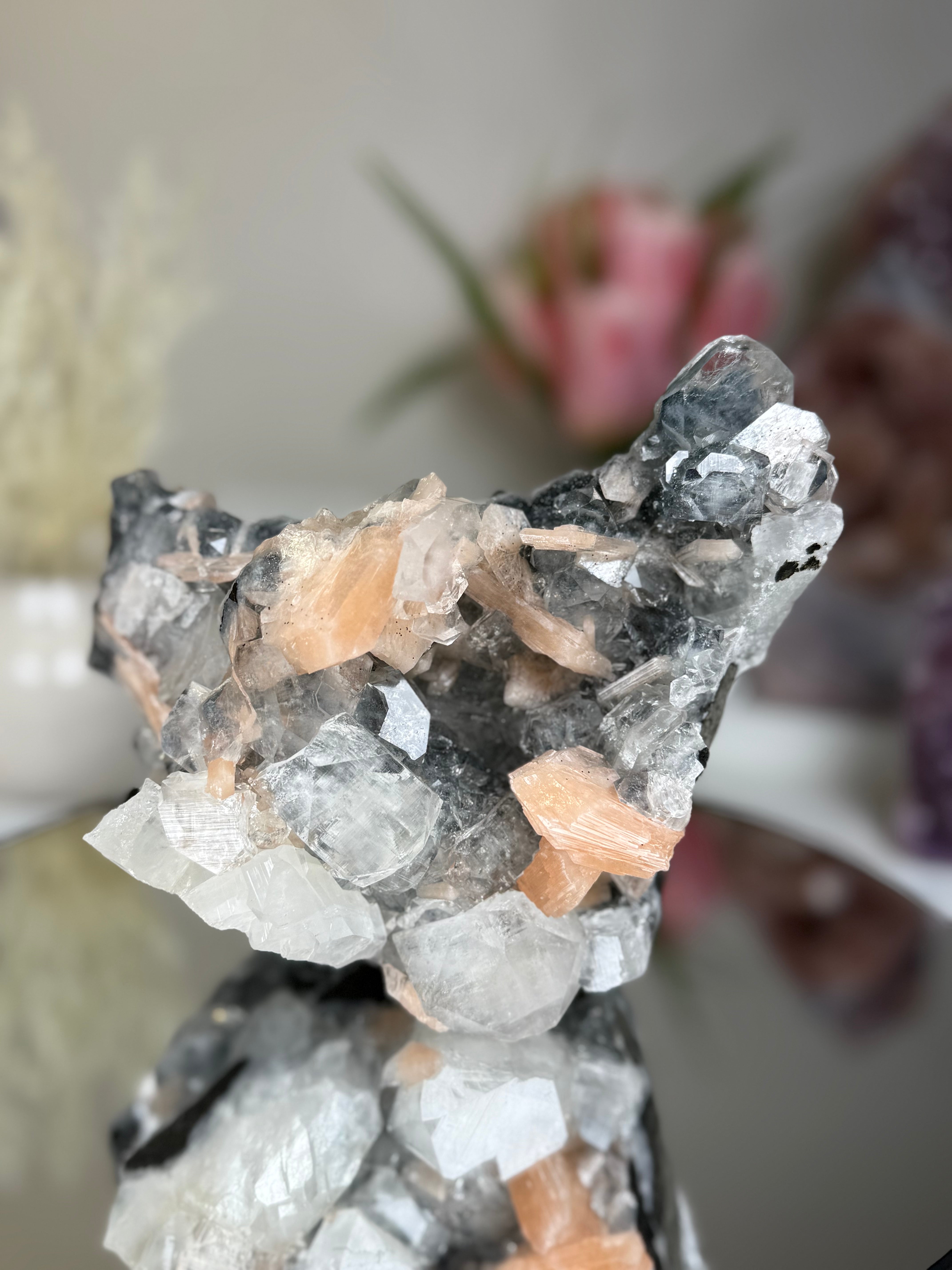 Diamond Apophyllite on Charcoal Chalcedony with Stilbite