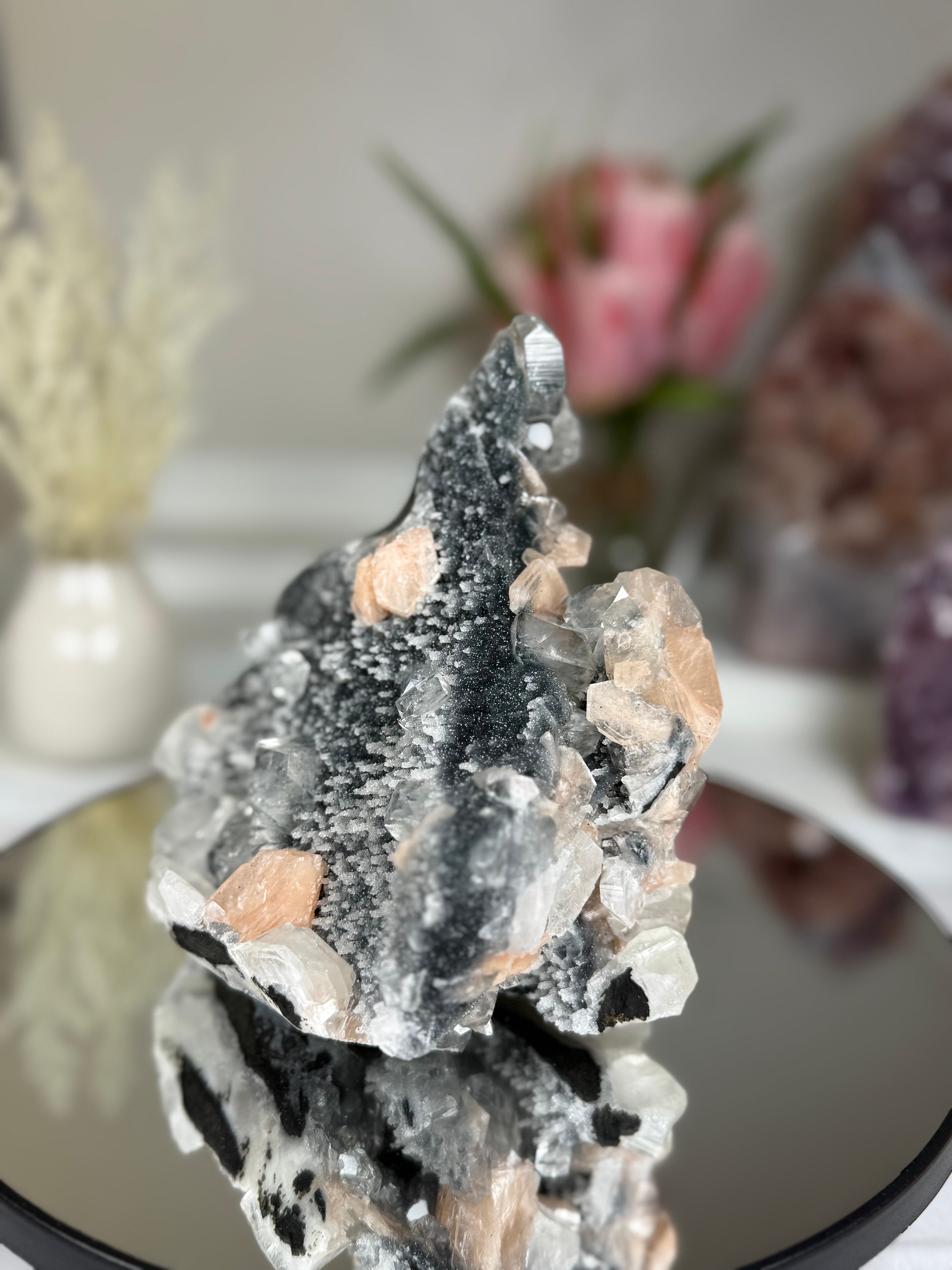 Diamond Apophyllite on Charcoal Chalcedony with Stilbite