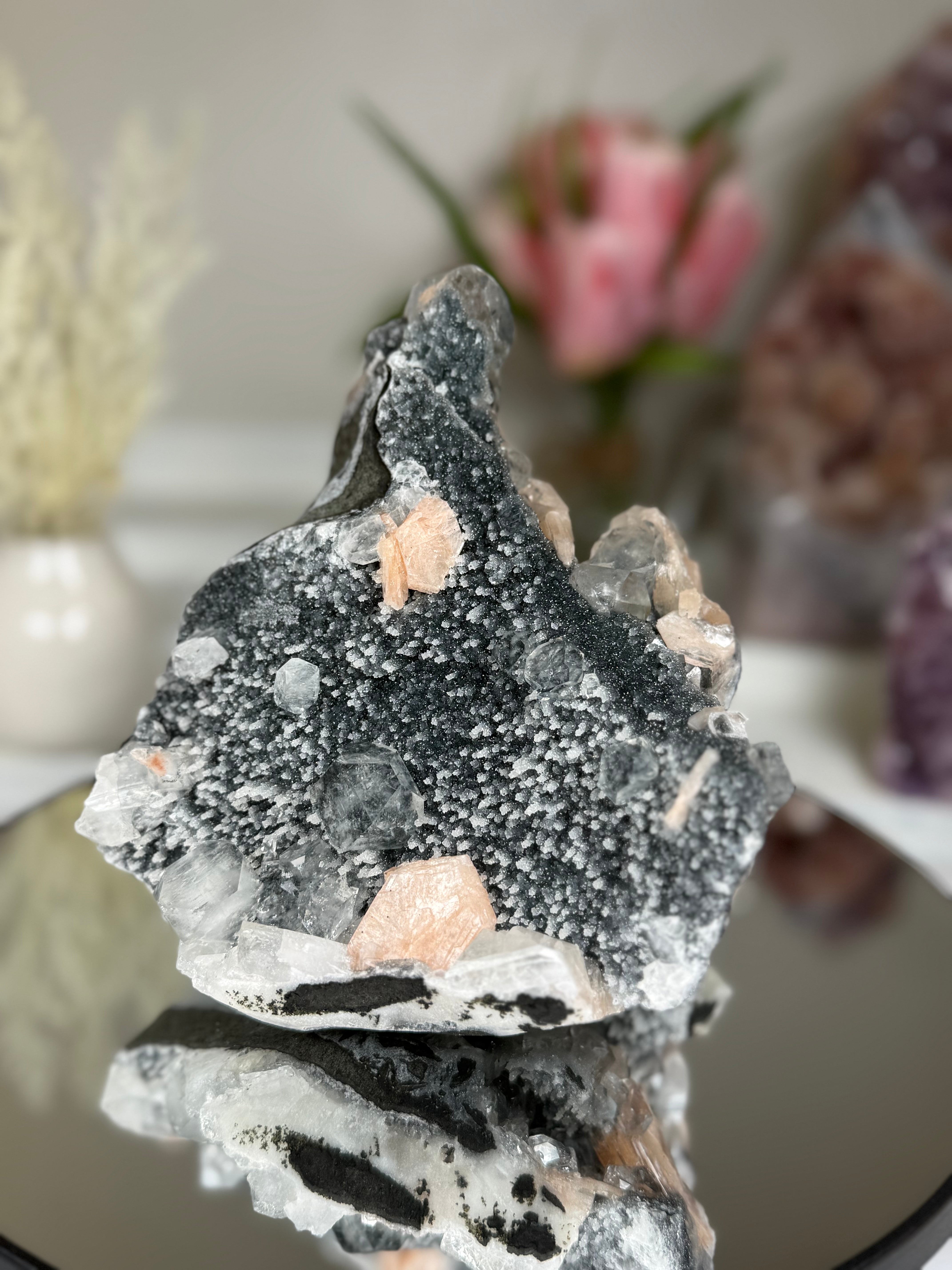 Diamond Apophyllite on Charcoal Chalcedony with Stilbite