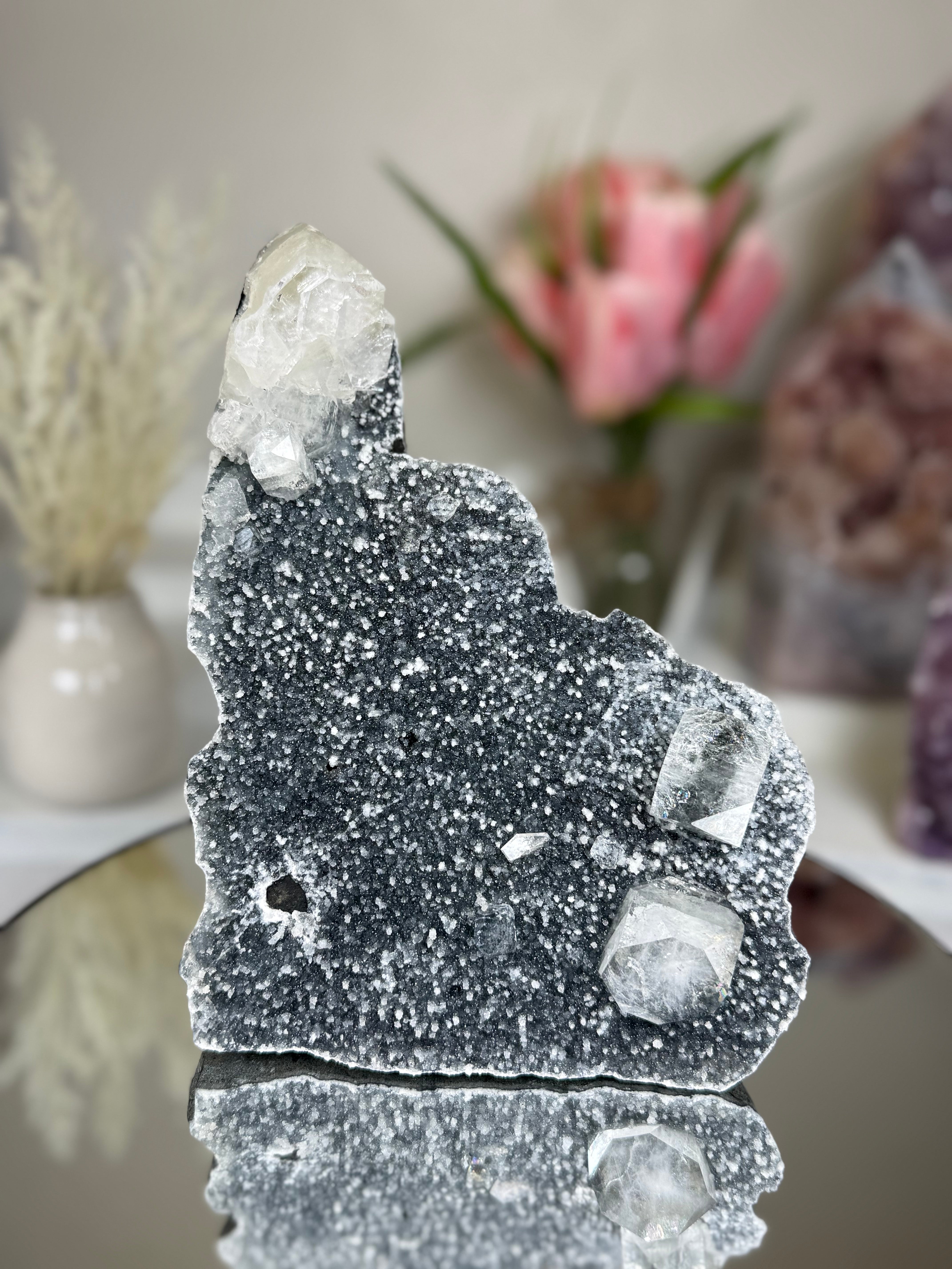 Diamond Apophyllite on Charcoal Chalcedony