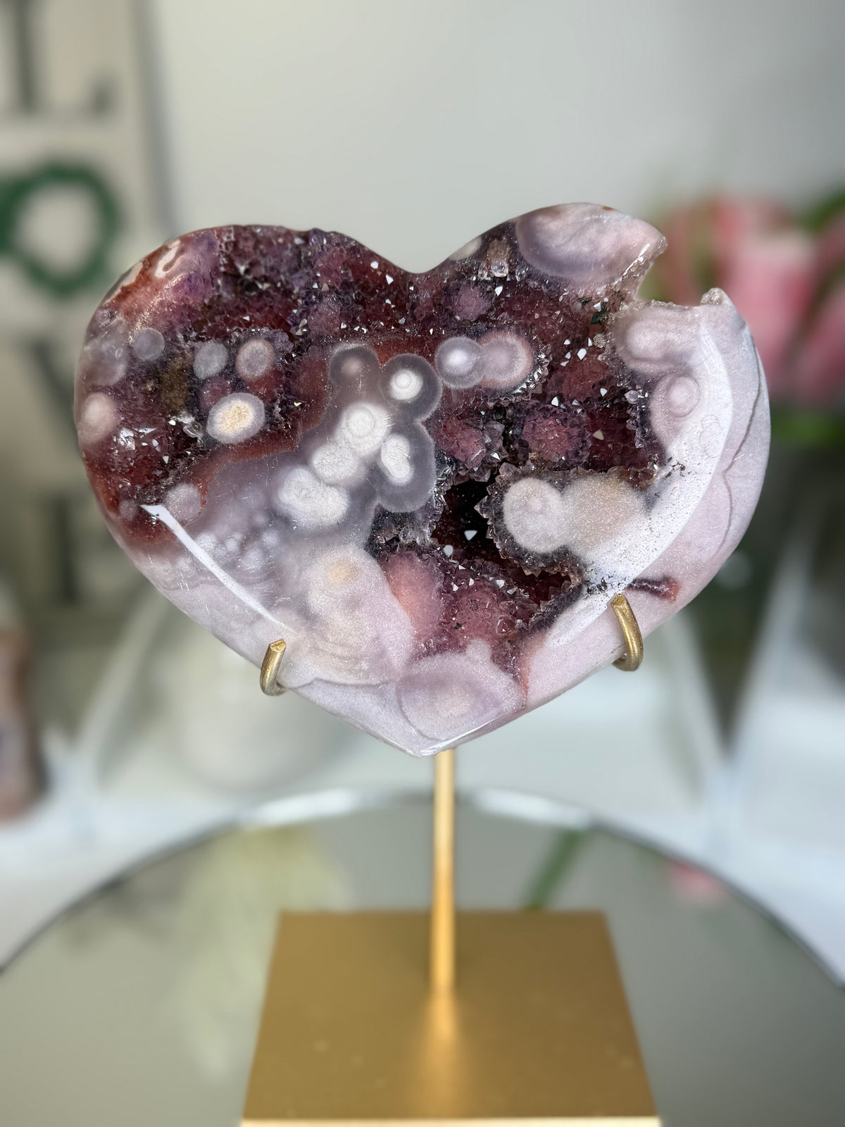 Pink Amethyst Heart on Gold Stand A1.1