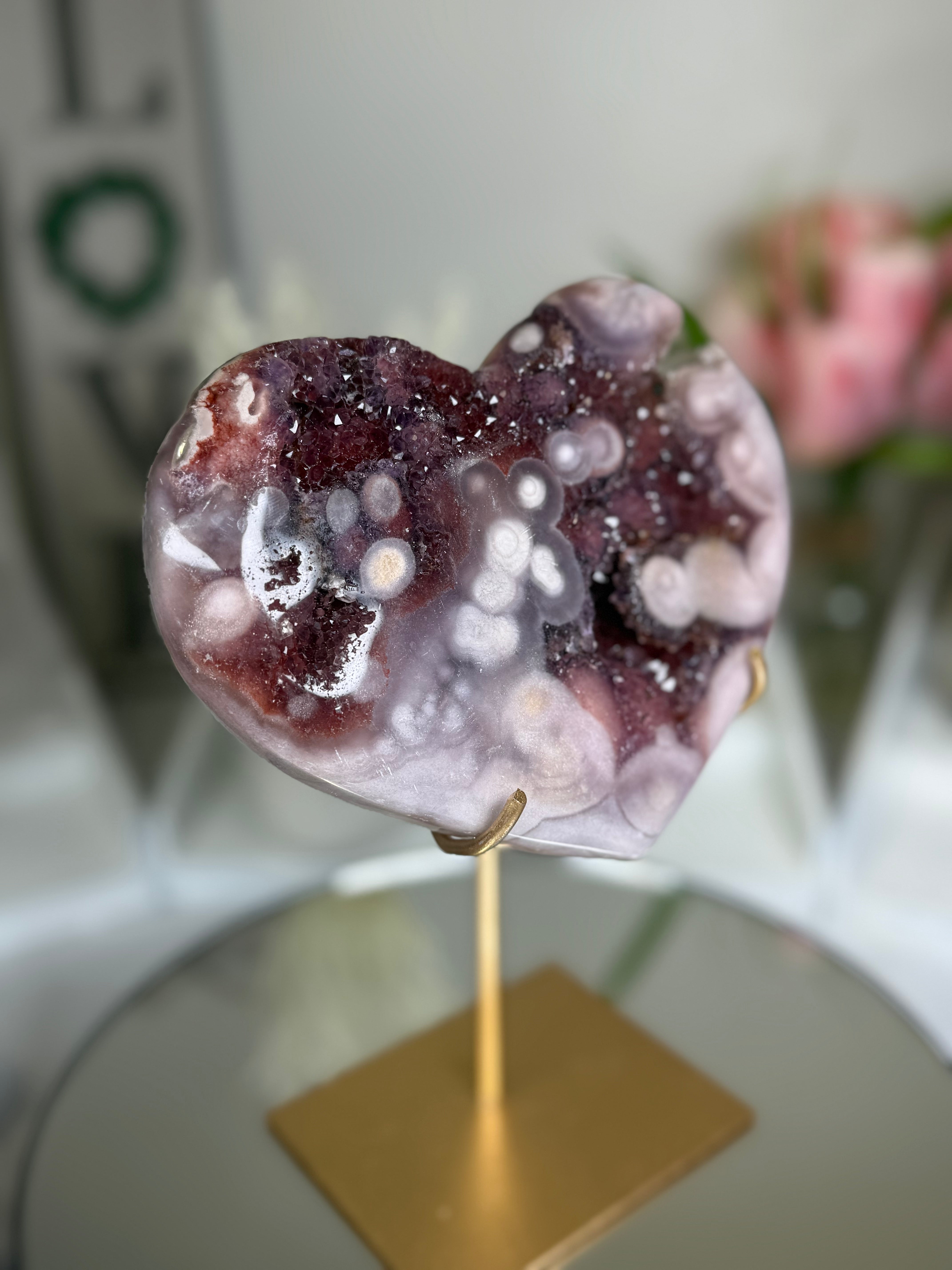 Pink Amethyst Heart on Gold Stand A1.1