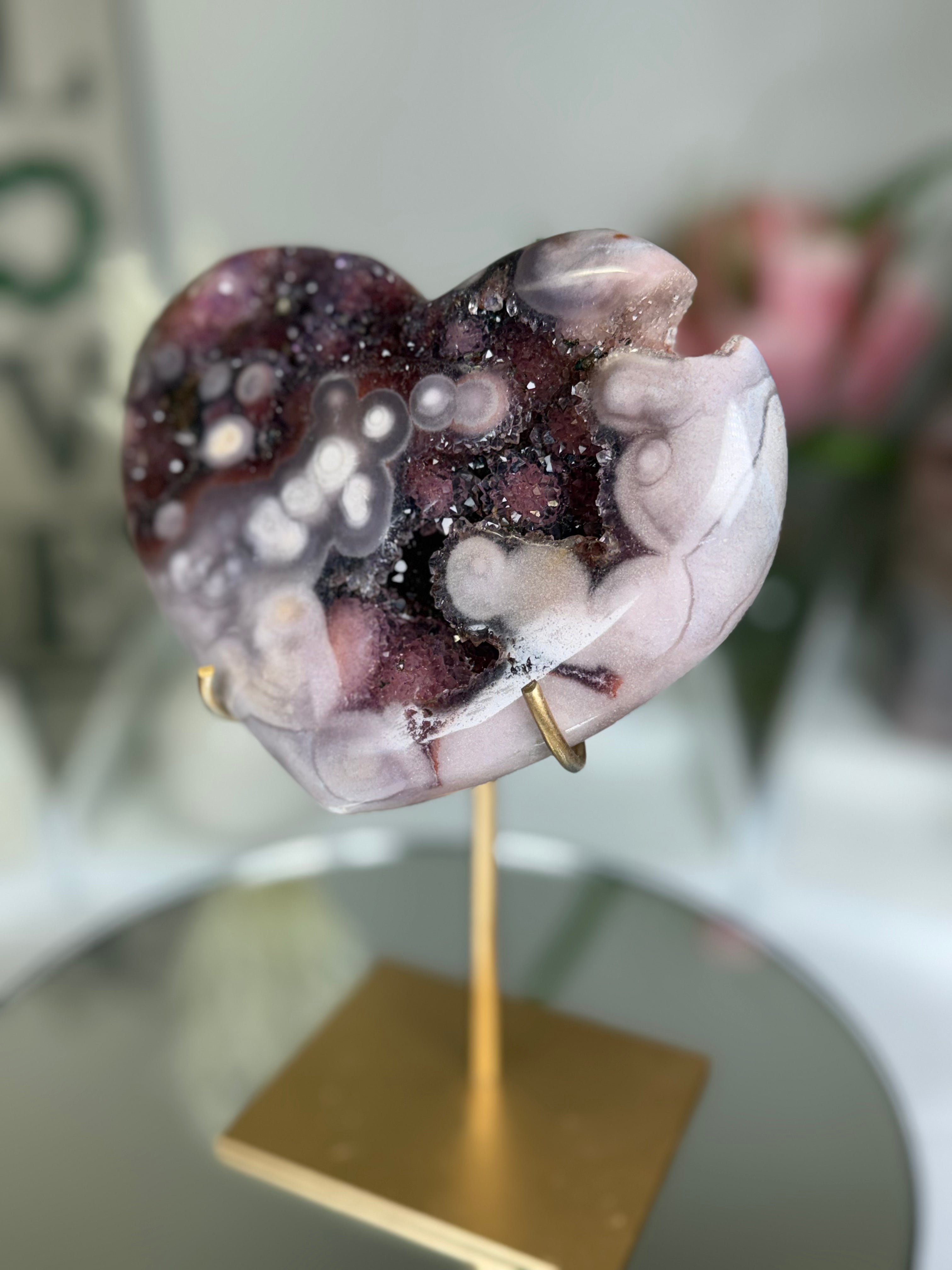 Pink Amethyst Heart on Gold Stand A1.1