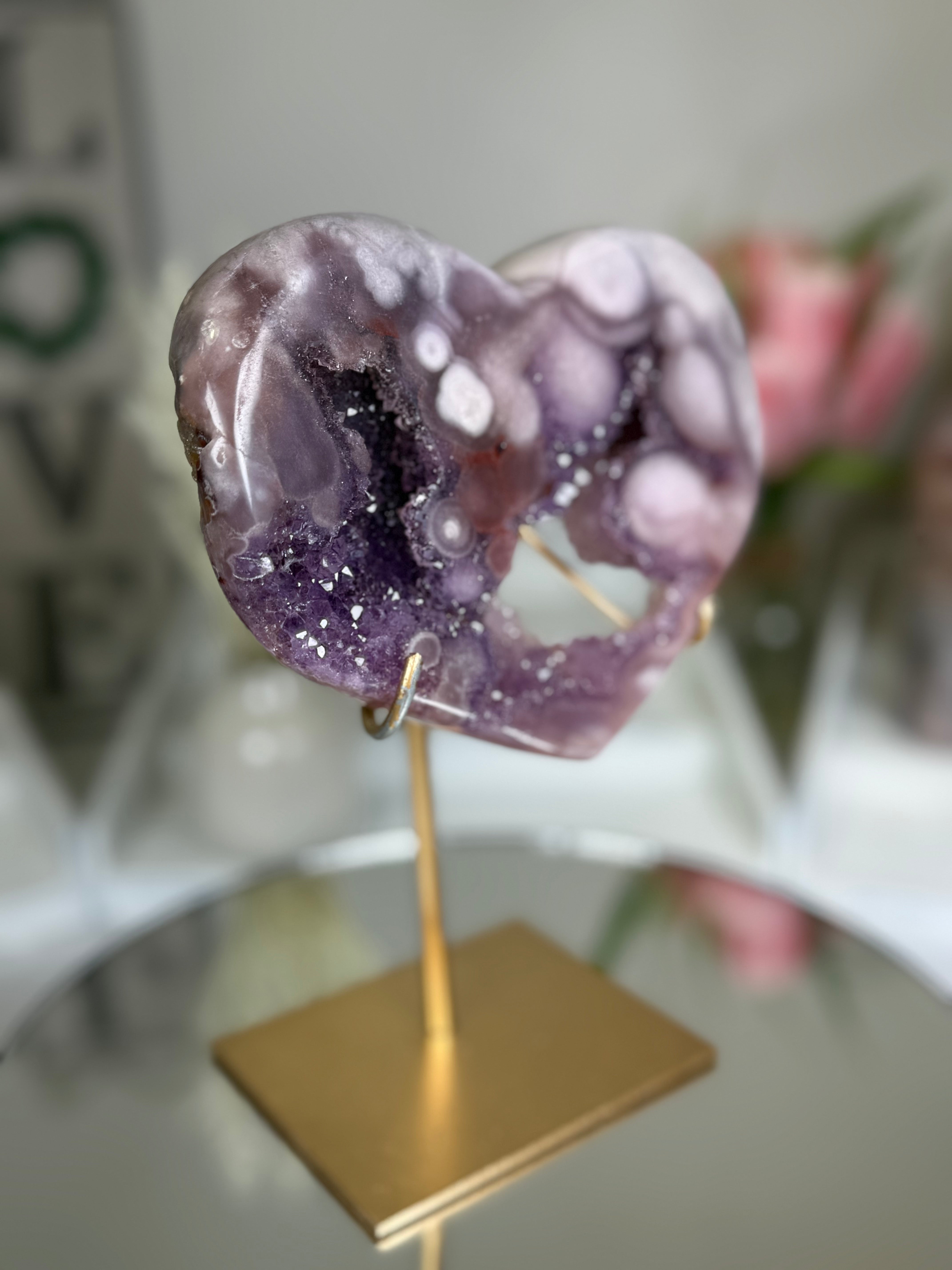 Pink Amethyst Heart on Gold Stand A1.4