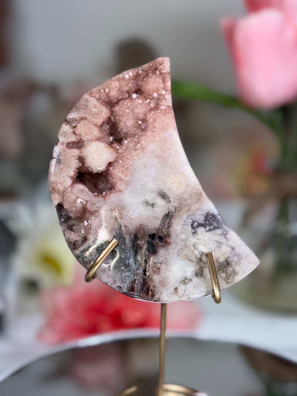 Pink Amethyst Moon on Gold Stand A10232