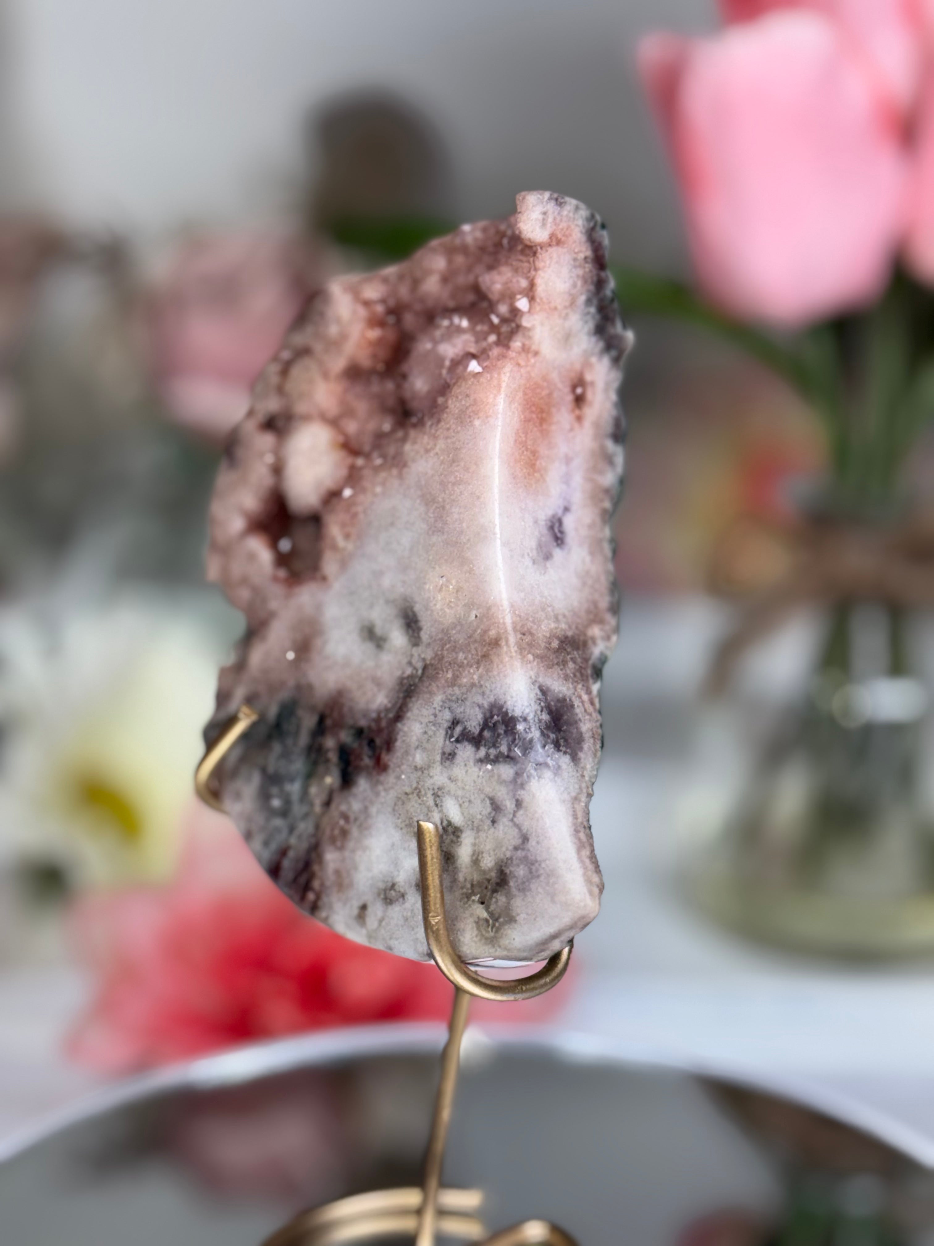 Pink Amethyst Moon on Gold Stand A10232