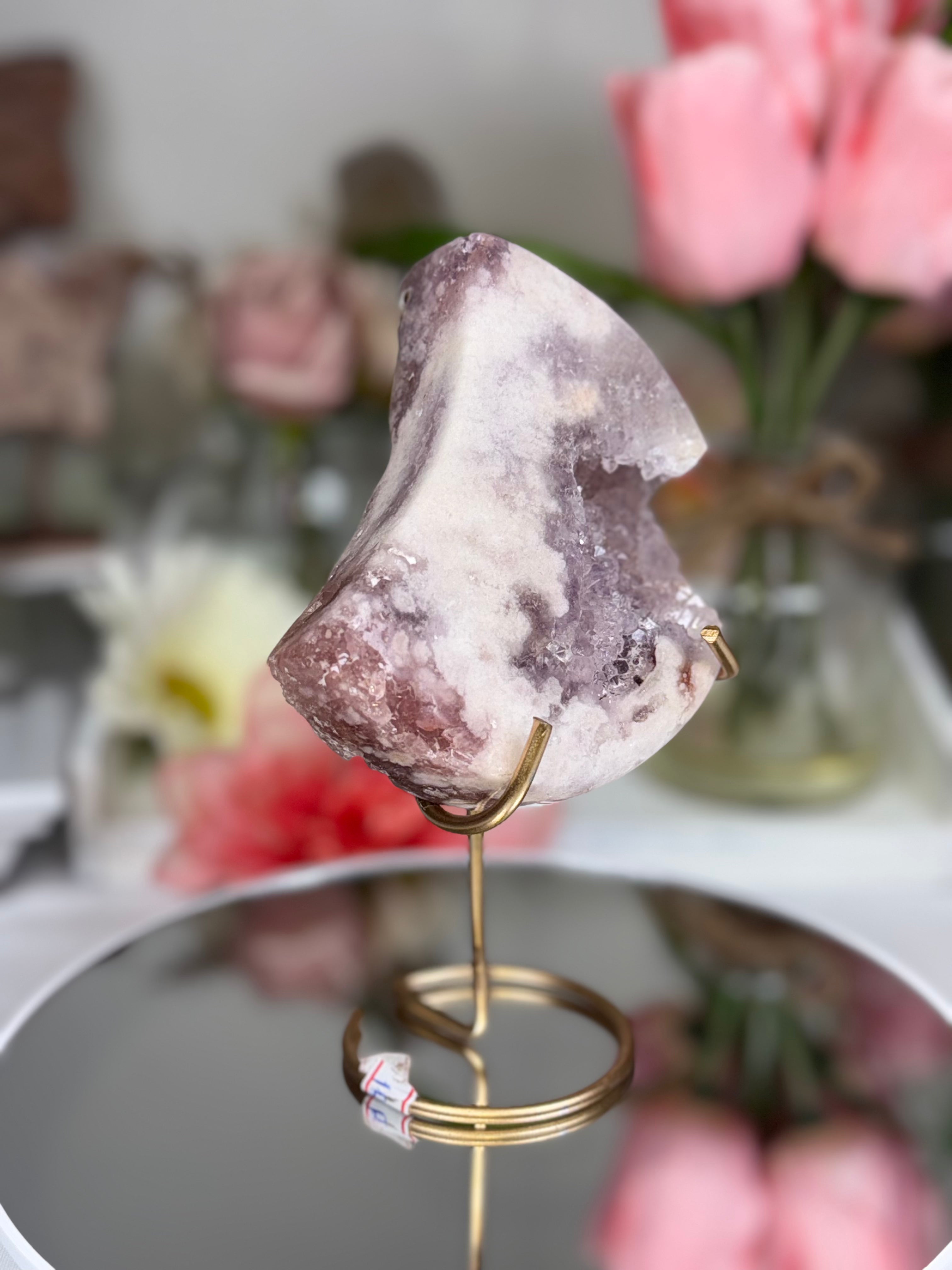 Pink Amethyst Moon on Gold Stand A10063